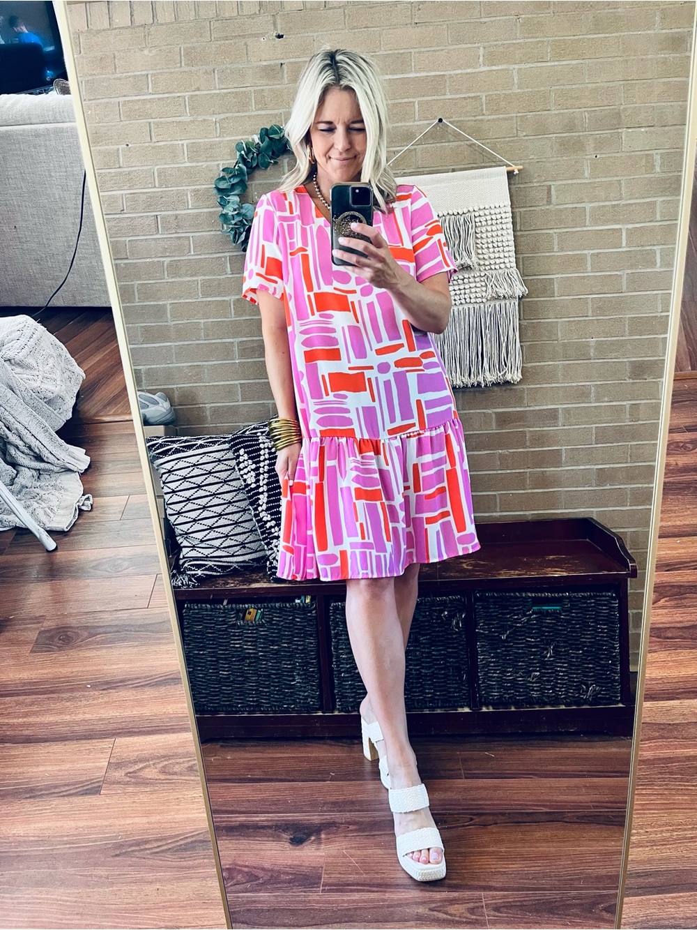 Vibrant Pink & Red Geometric Mini Dress